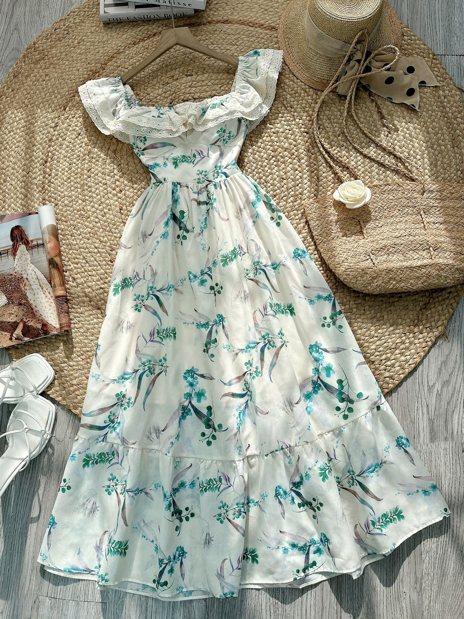 Đầm Bèo Hoa Cổ Viền Ren Cotton Đi Dạo Phố MIMIX FO1