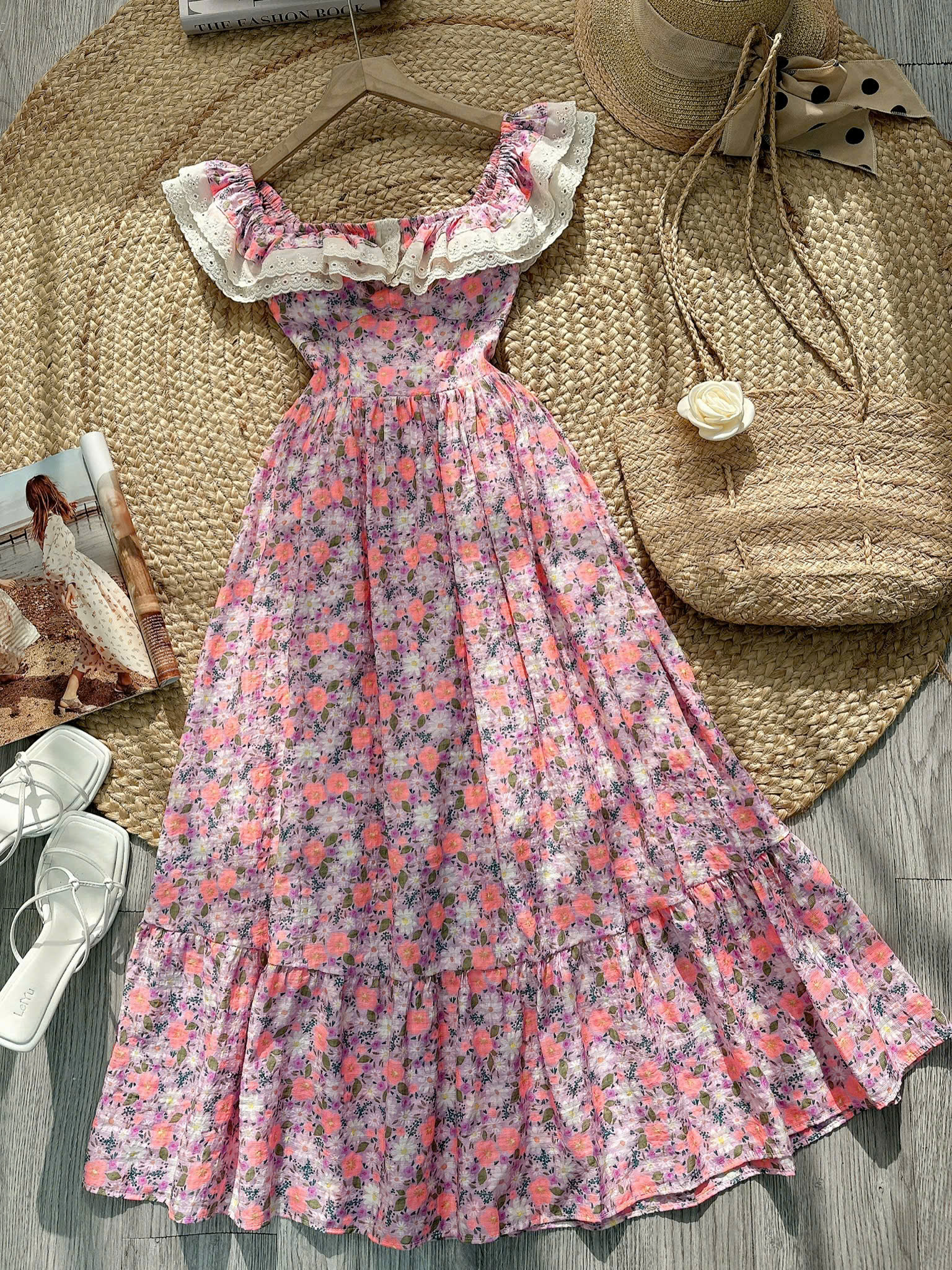 Đầm Bèo Hoa Cổ Viền Ren Cotton Đi Dạo Phố MIMIX FO1