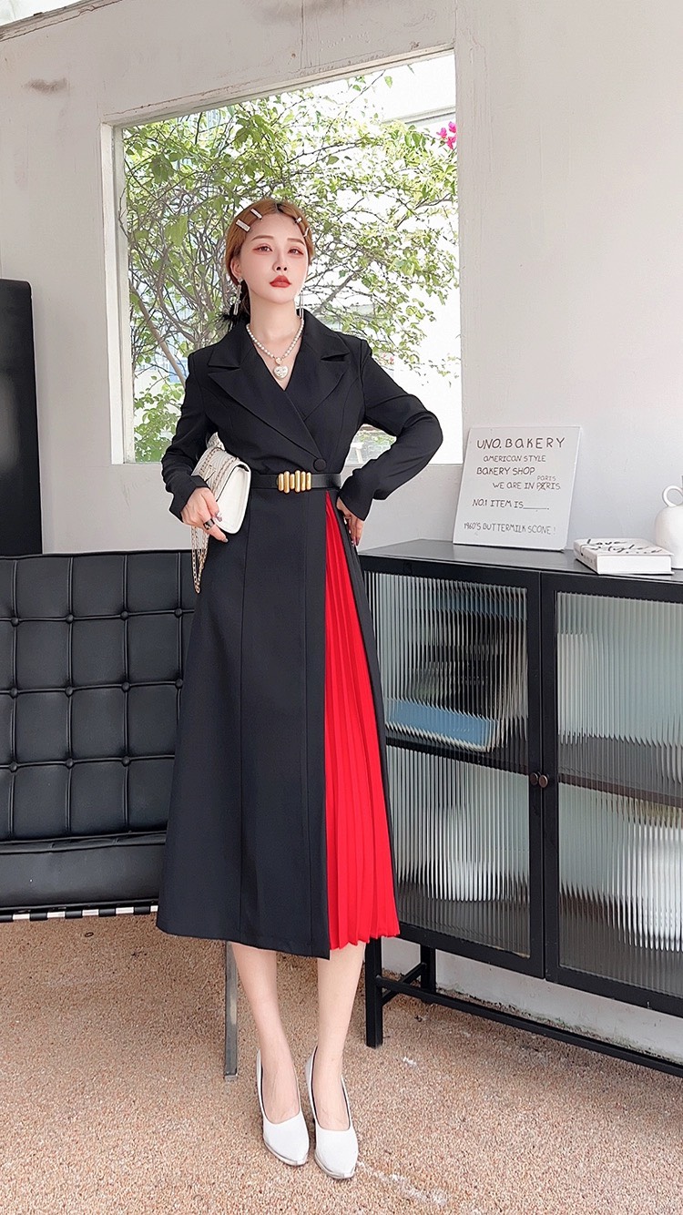 Đầm Qc Cao Cấp Tay Dài, Cổ Vest Xẻ Phối