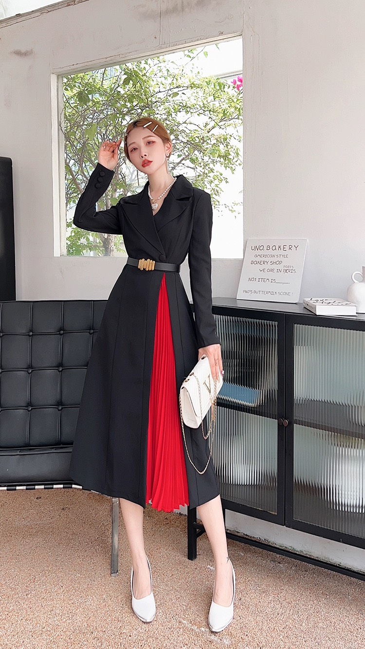 Đầm Qc Cao Cấp Tay Dài, Cổ Vest Xẻ Phối