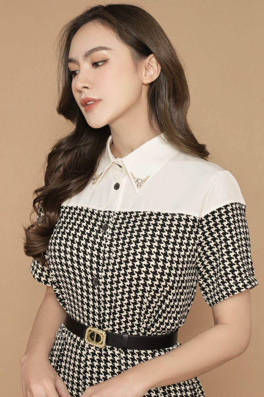 Đầm Qc Sơ Mi Caro Phối Trắng