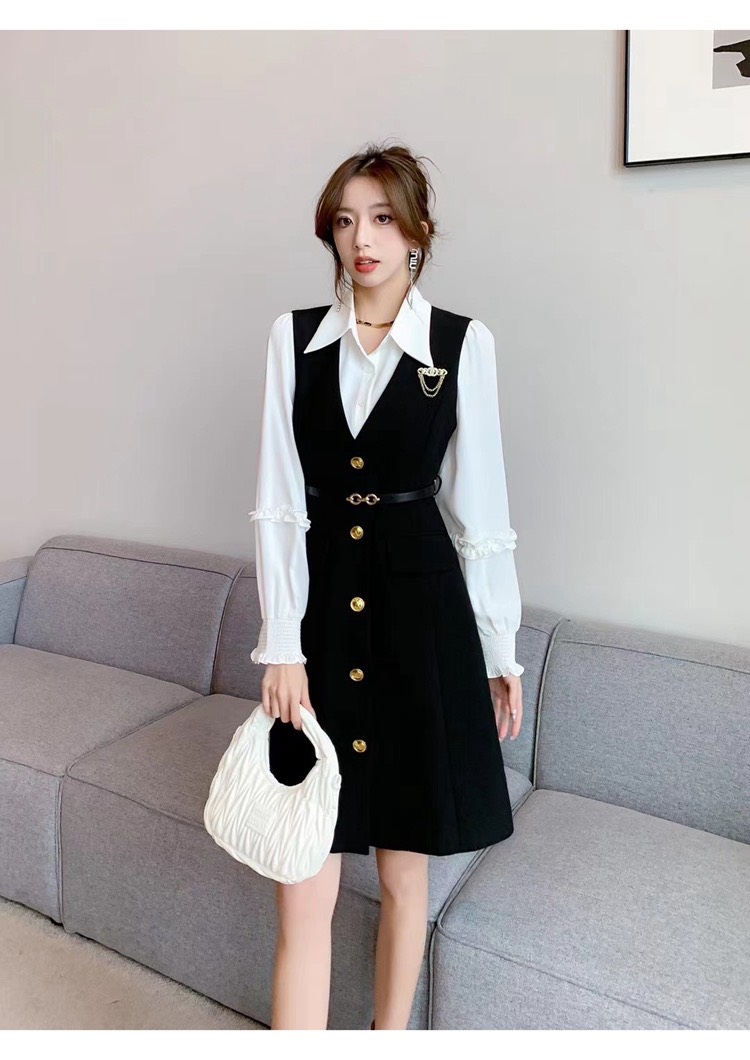 Set Đầm Qc Gồm Váy Gile Kem Áo Sơ Mi Lụa