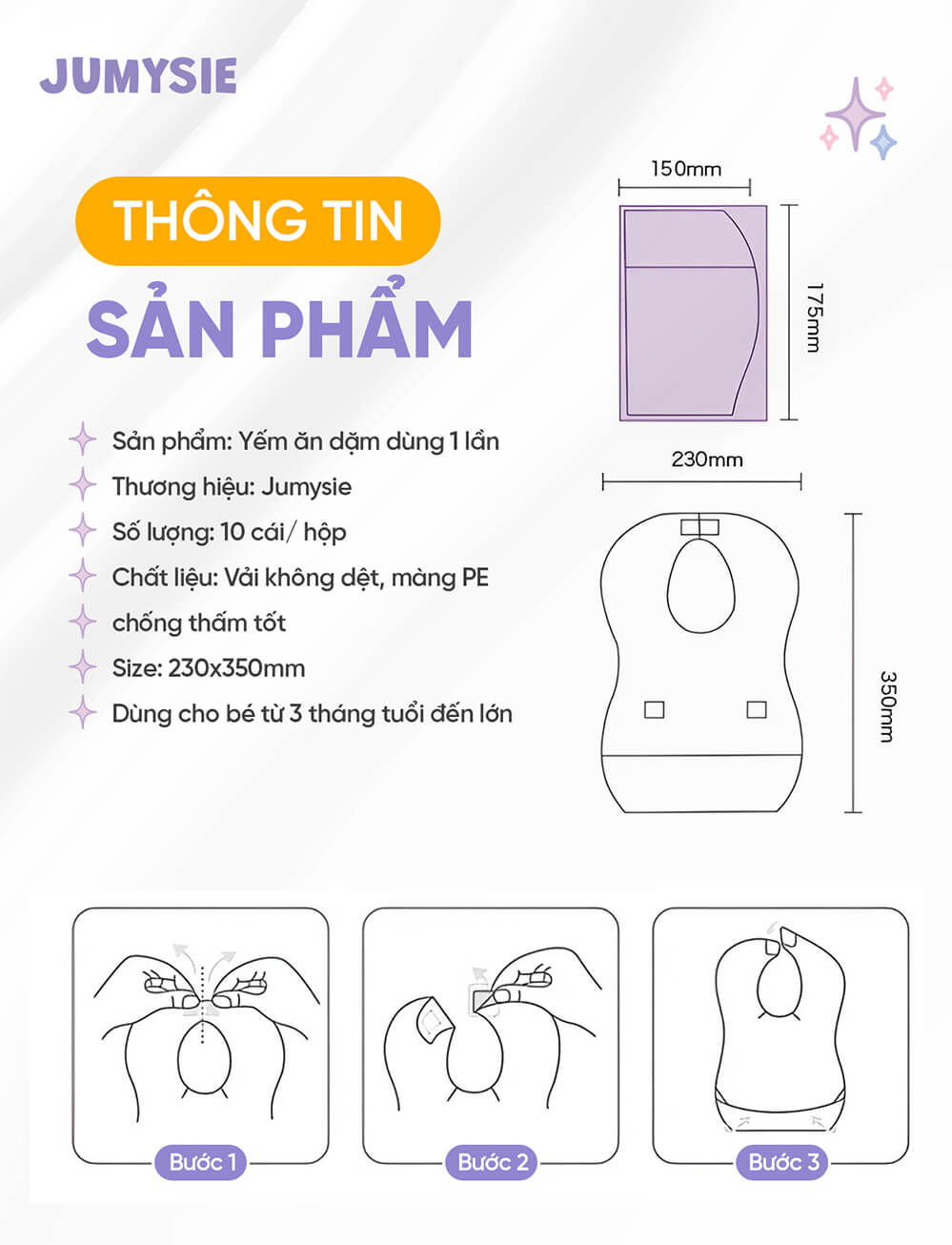 Thông tin kích thước yếm dùng 1 lần Jumysie