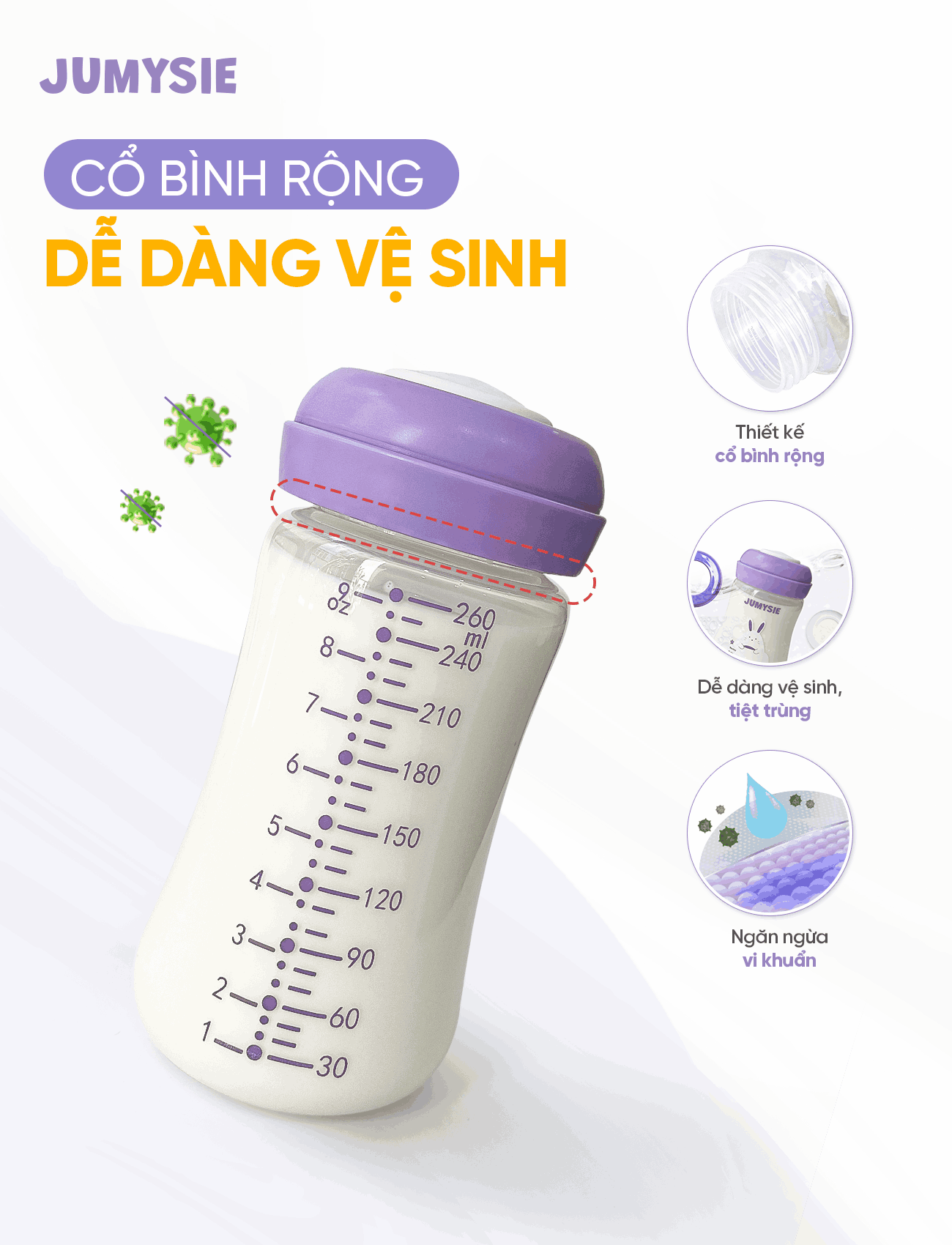 Bình Trữ Sữa 180ml/260ml Jumysie - Cổ Rộng, Chống Sặc, An Toàn