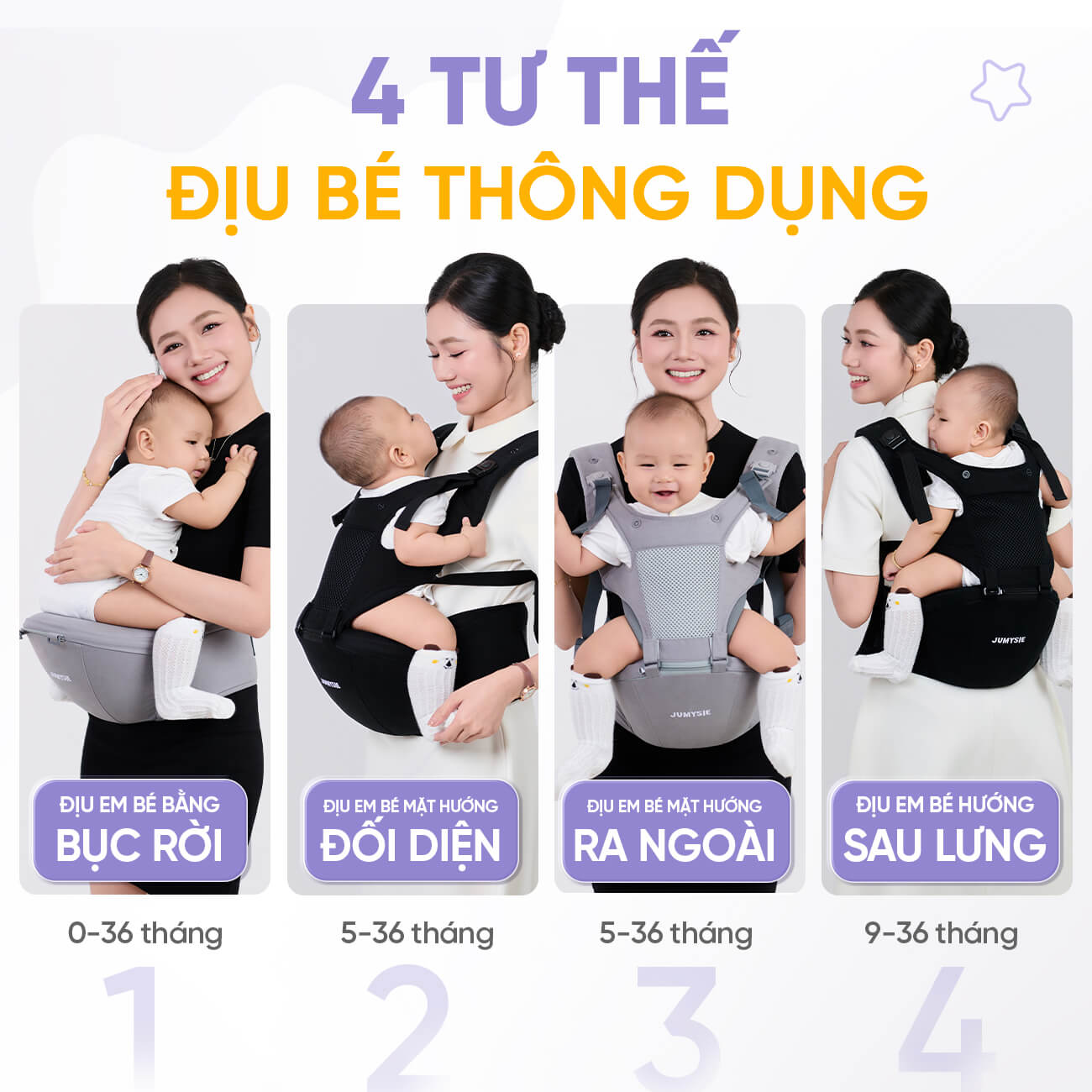 Địu Em Bé Jumysie M8 – Trợ Lực, Thoáng Khí, Từ Sơ Sinh Đến 36 Tháng