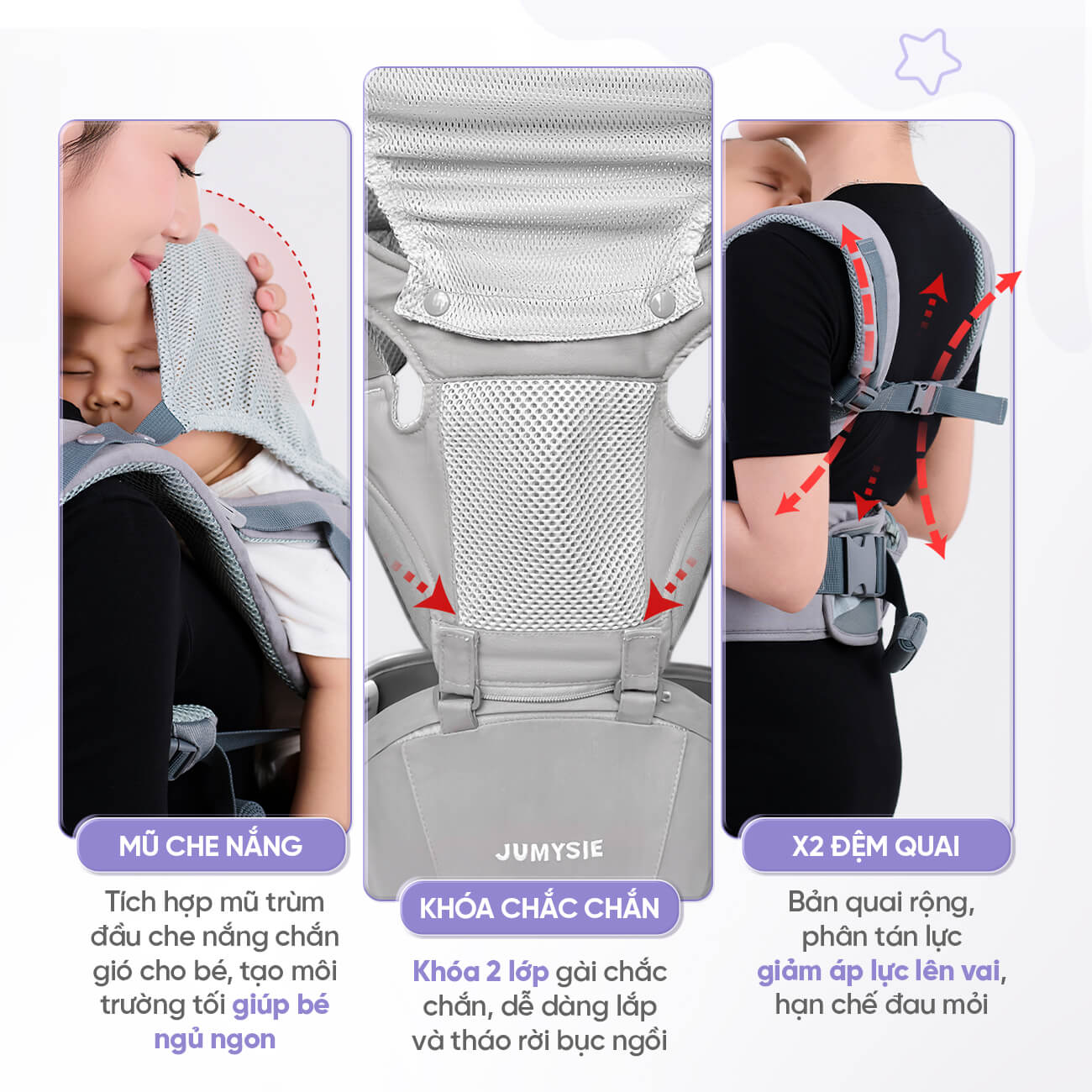 Địu Em Bé Jumysie M8 – Trợ Lực, Thoáng Khí, Từ Sơ Sinh Đến 36 Tháng