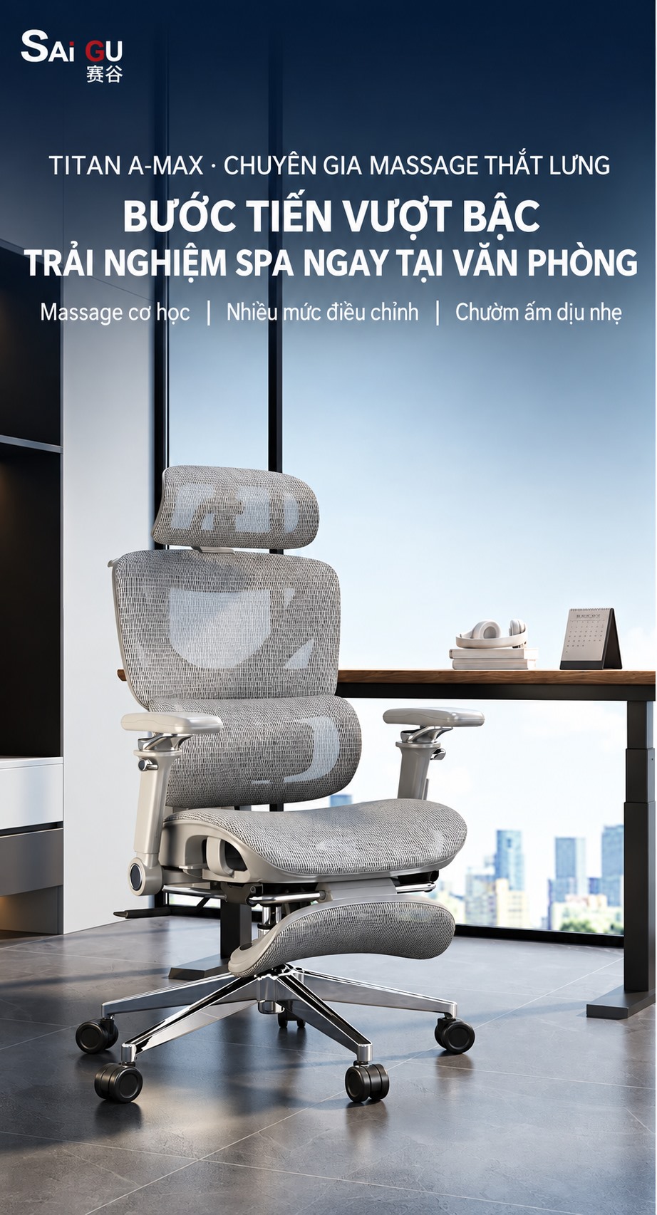 Ghế công thái học SAIGU Titan A-MAX tích hợp massage và chườm ấm
