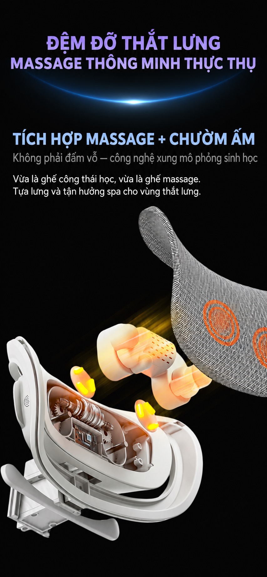 Cấu tạo đệm đỡ thắt lưng tích hợp massage và chườm ấm
