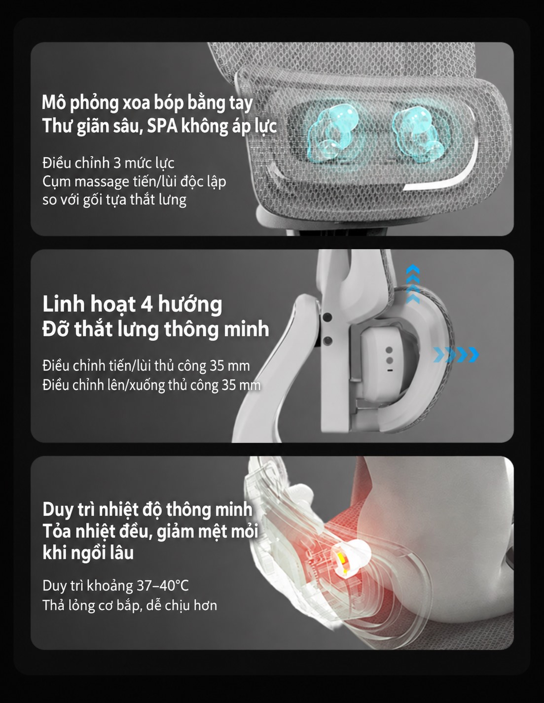 Ba mức massage, đỡ thắt lưng bốn hướng và nhiệt độ 37–40 độ C