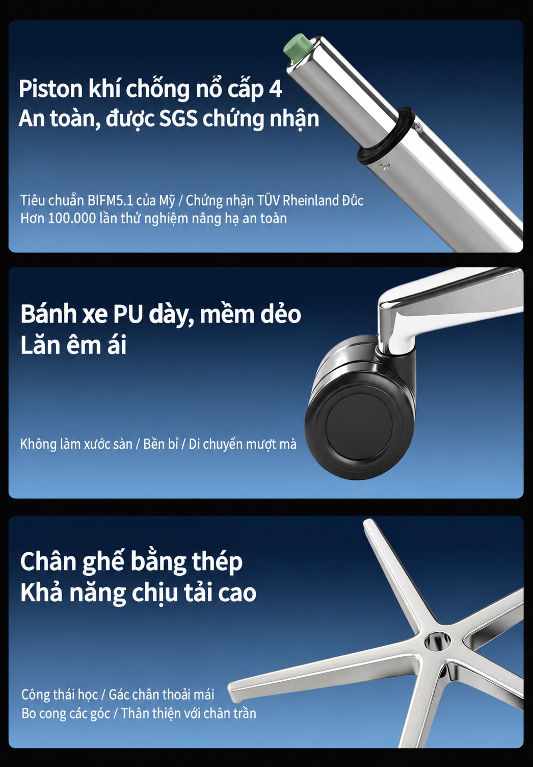 Piston cấp 4, bánh xe PU và chân ghế thép Titan A-MAX