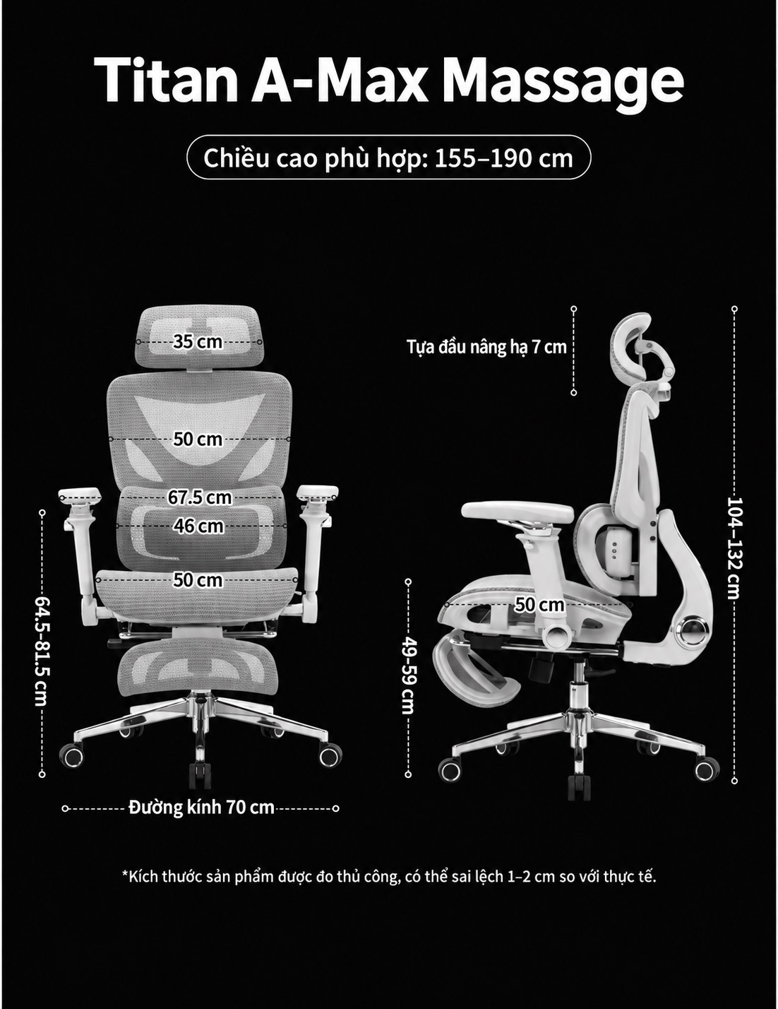 Bản vẽ kích thước chi tiết ghế SAIGU Titan A-MAX