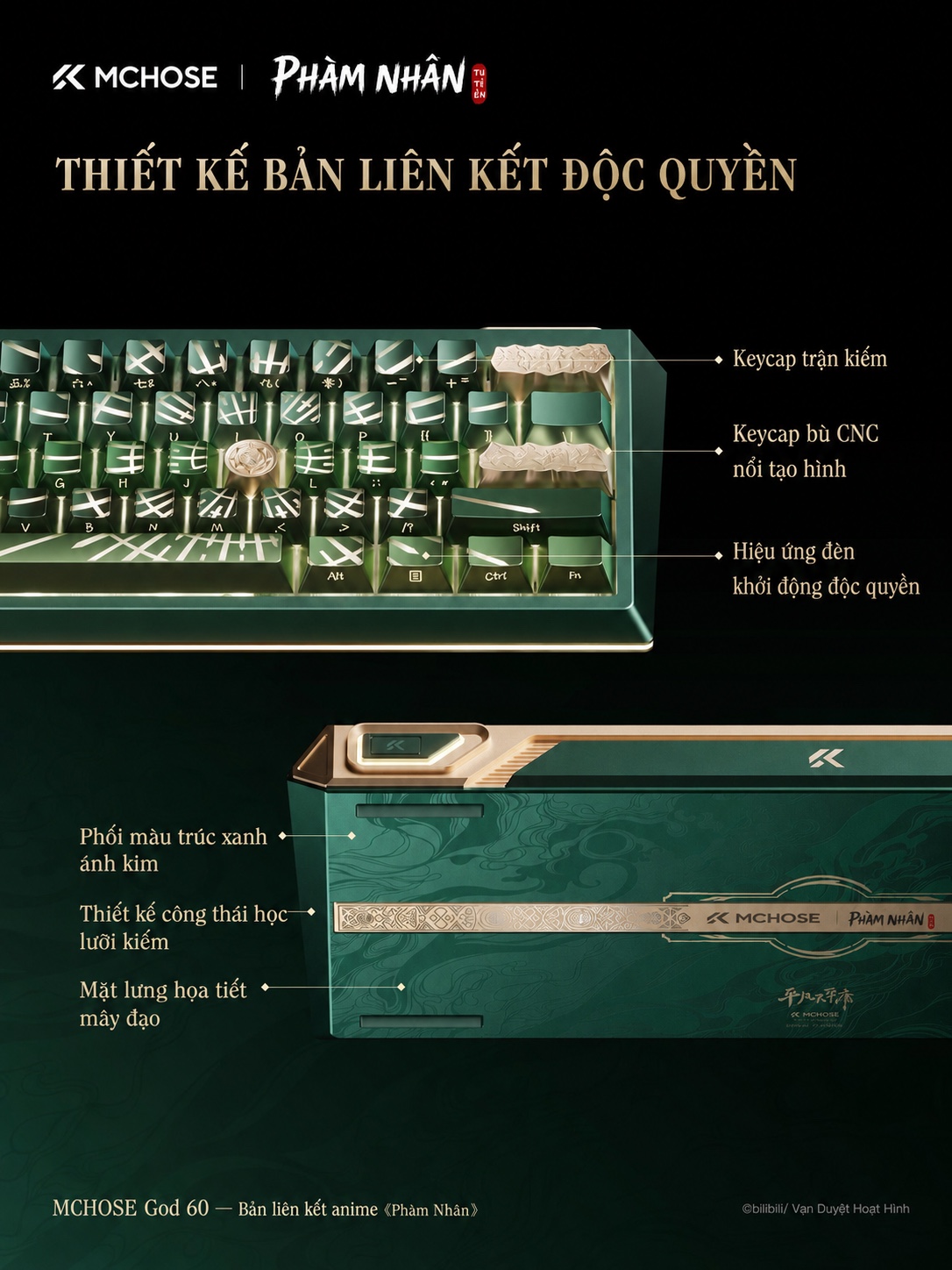 Cận cảnh keycap trận kiếm, keycap CNC nổi và mặt lưng vân mây của MCHOSE GOD 60 Phàm Nhân Tu Tiên