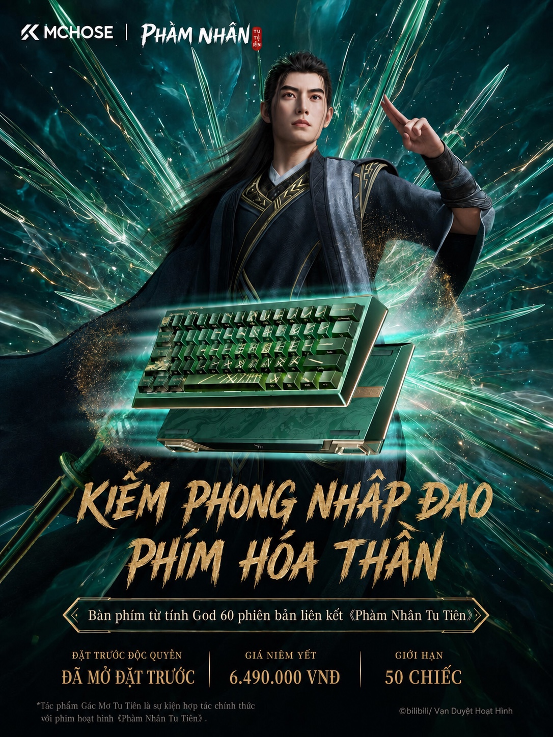 MCHOSE GOD 60 Phàm Nhân Tu Tiên phiên bản giới hạn với bàn phím xanh ngọc ánh kim và nhân vật Hàn Lập