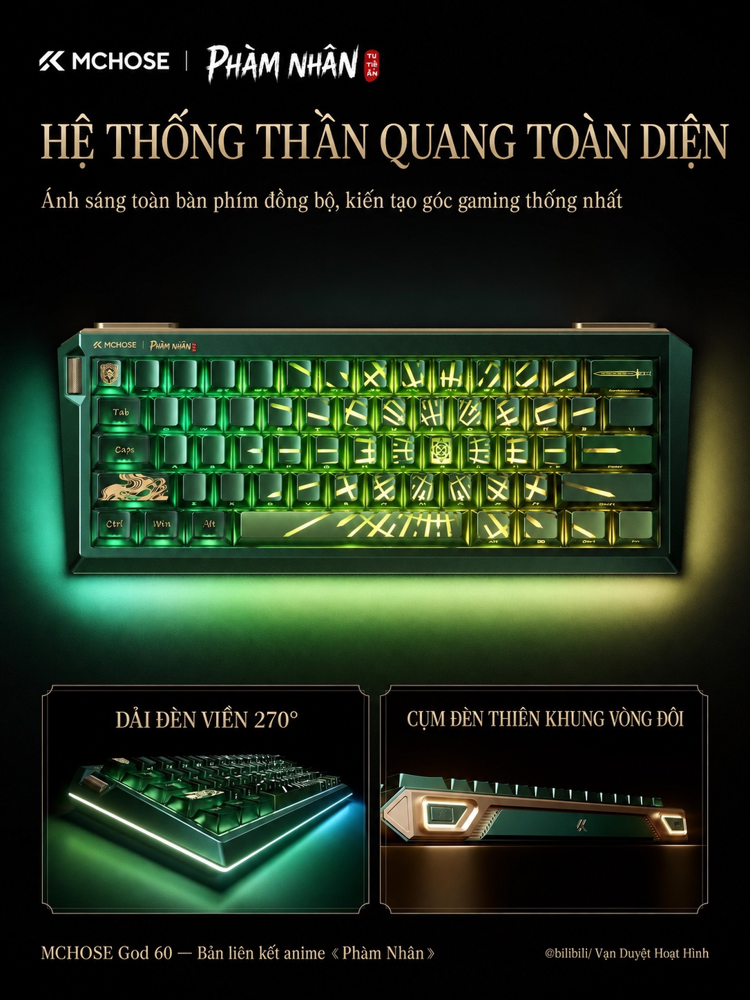 MCHOSE GOD 60 Phàm Nhân Tu Tiên phát sáng xanh vàng với dải LED viền 270 độ và cụm đèn vòng đôi