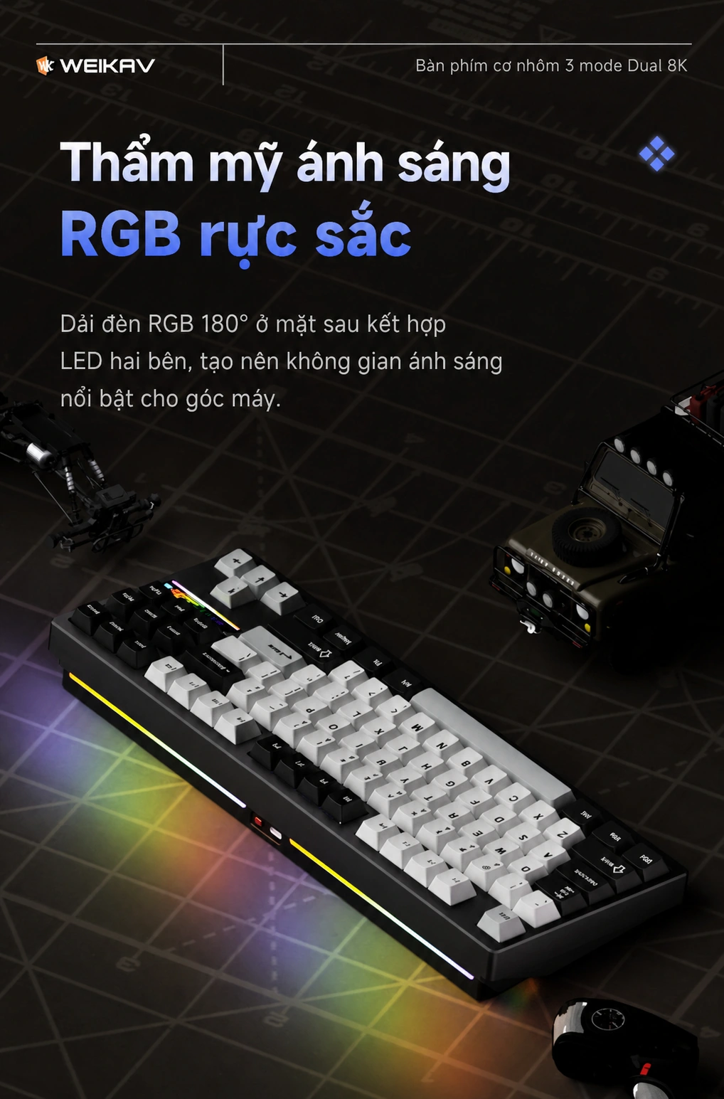 Đèn RGB 180 độ và LED hai bên Weikav NUT87