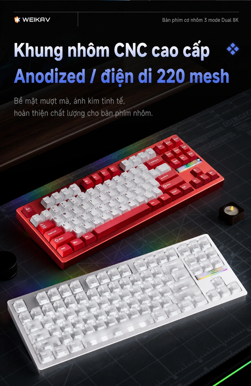 Case nhôm CNC Weikav NUT87 hoàn thiện 220 mesh