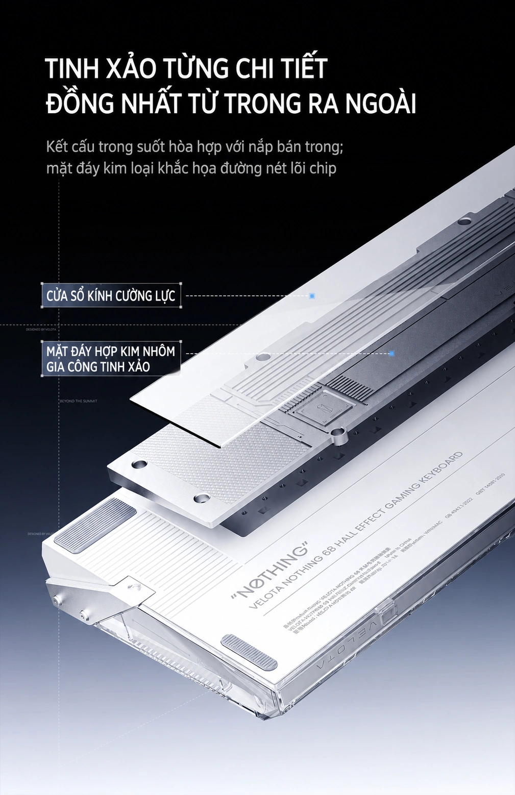 Mặt đáy kính cường lực và nhôm của VELOTA NOTHING 68
