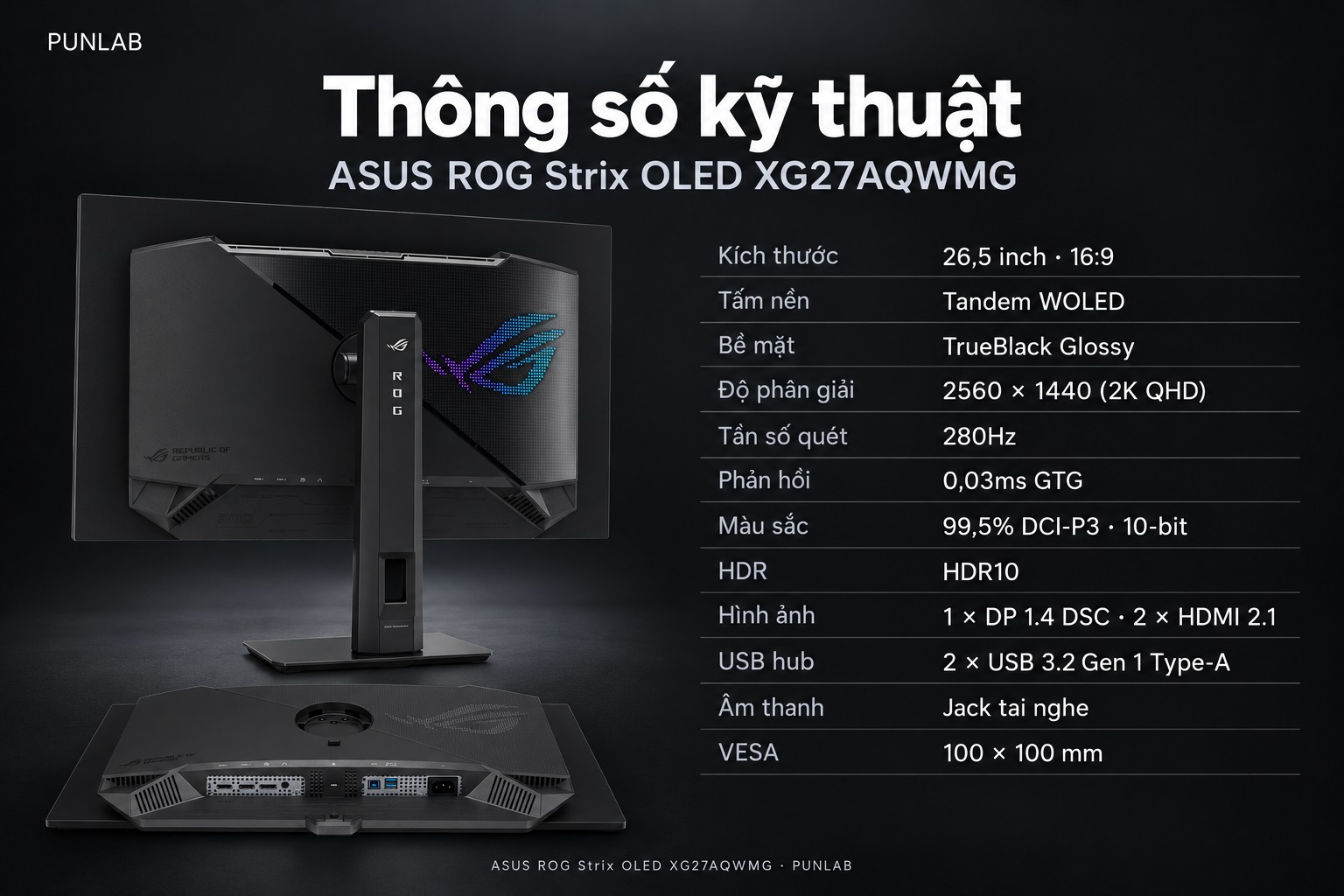 Màn hình ASUS ROG Strix OLED XG27AQWMG — DP 1.4 DSC, HDMI 2.1 và USB hub