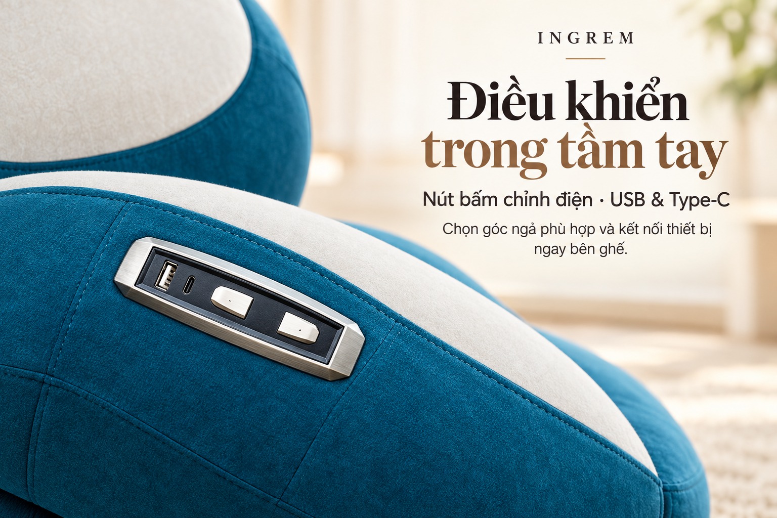 Cận cảnh nút điều chỉnh điện, cổng USB-A và Type-C trên ghế sofa INGREM