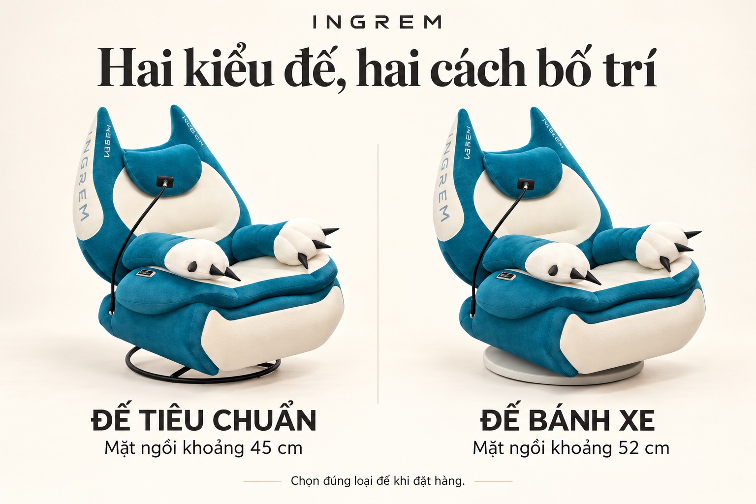 So sánh đế tiêu chuẩn và đế bánh xe của ghế INGREM Mèo Béo
