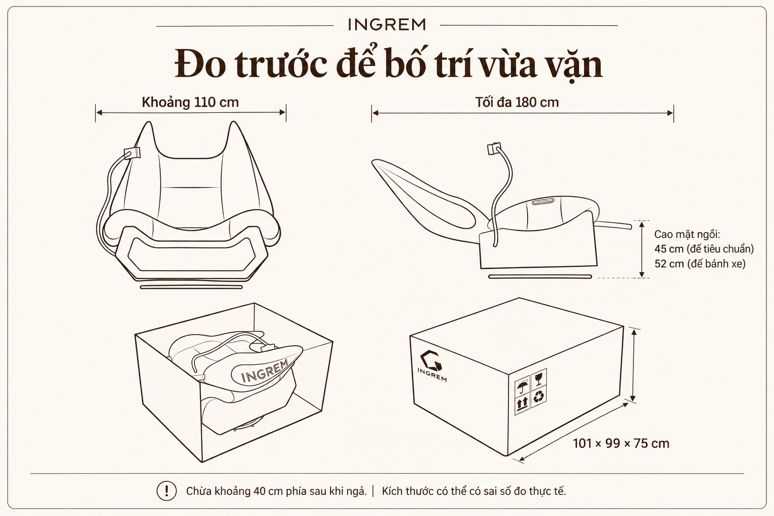 Kích thước tham khảo sofa INGREM Mèo Béo: rộng 110 cm, mở dài 180 cm, cao mặt ngồi 45 hoặc 52 cm