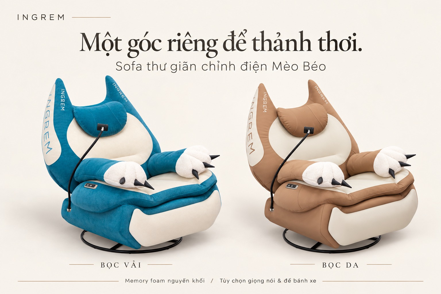 Ghế sofa thư giãn chỉnh điện INGREM Mèo Béo với hai lựa chọn bọc vải và bọc da