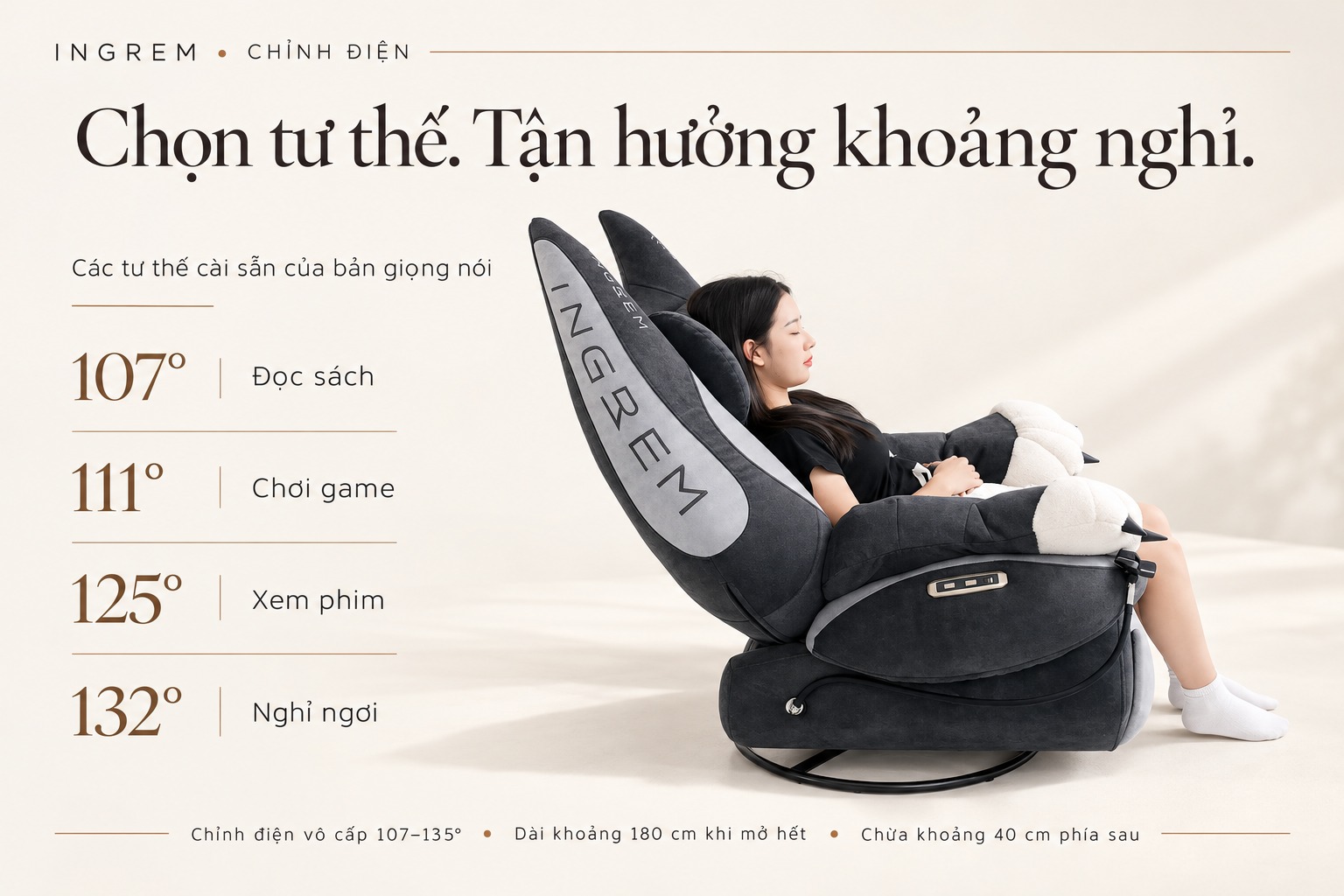 Các tư thế ngả điện của ghế INGREM Mèo Béo để đọc sách, chơi game, xem phim và nghỉ ngơi
