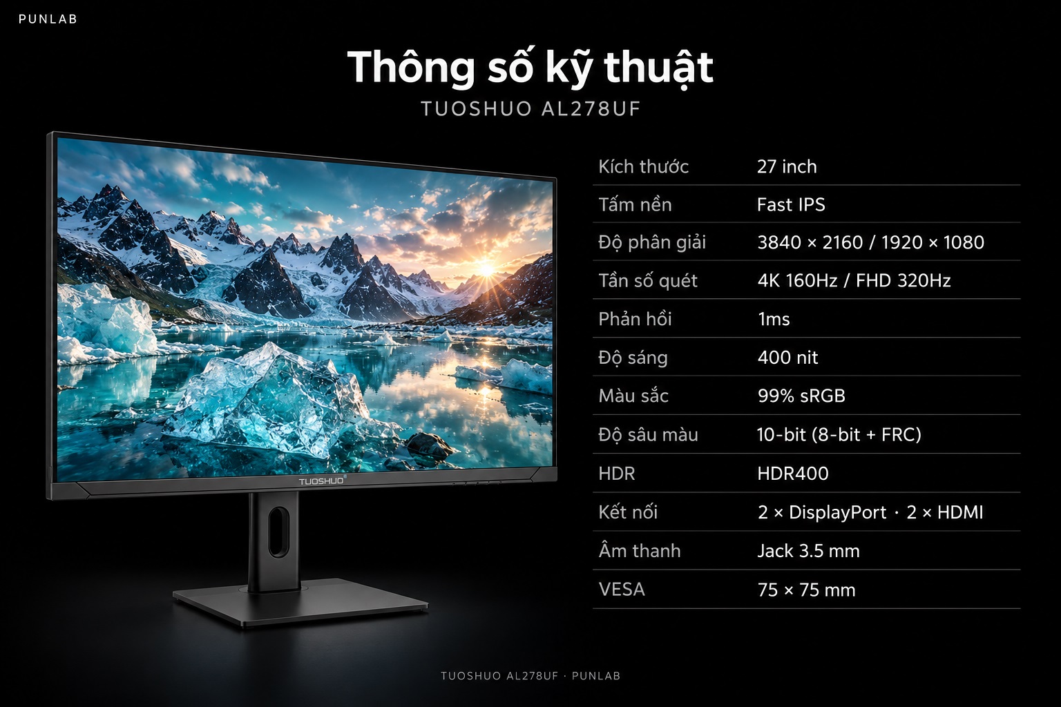 Màn hình TUOSHUO AL278UF — DisplayPort 1.4 và HDMI 2.1