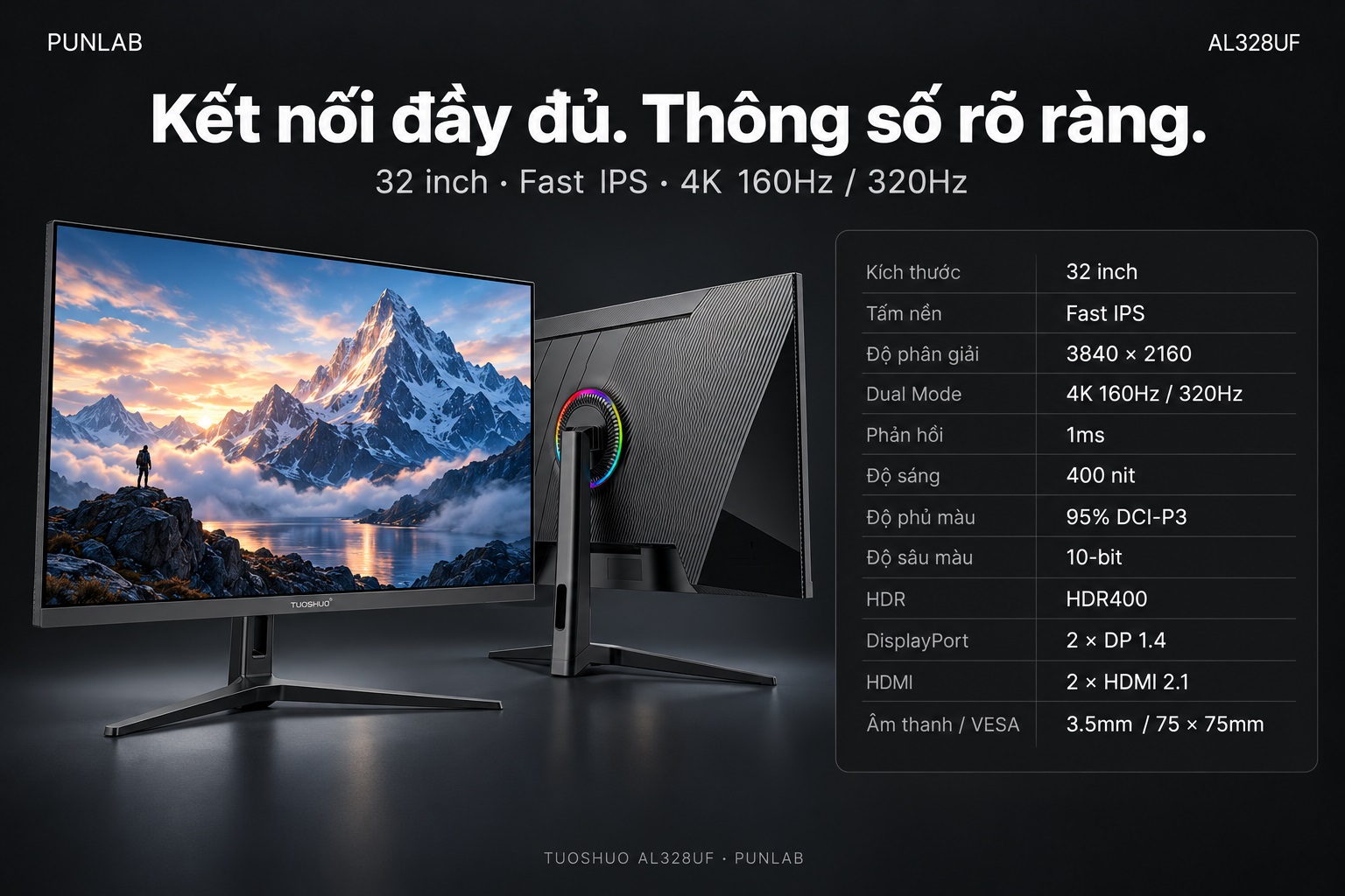 Màn hình TUOSHUO AL328UF — 2 DP 1.4 và 2 HDMI 2.1