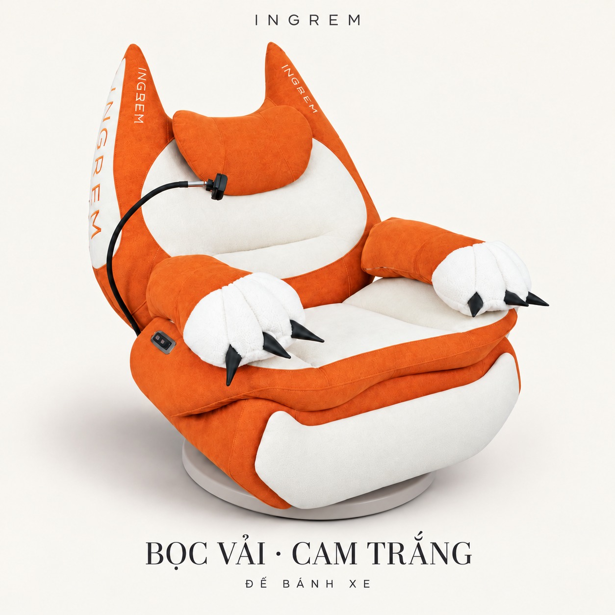 Ghế INGREM Mèo Béo Bọc vải · Cam trắng – đế bánh xe