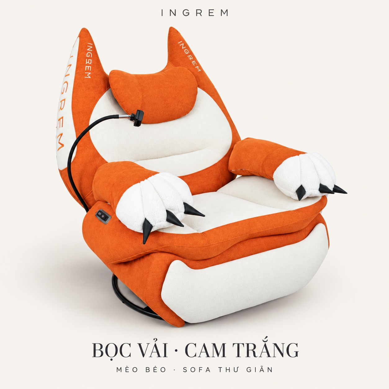 Ghế INGREM Mèo Béo Bọc vải · Cam trắng – đế tiêu chuẩn
