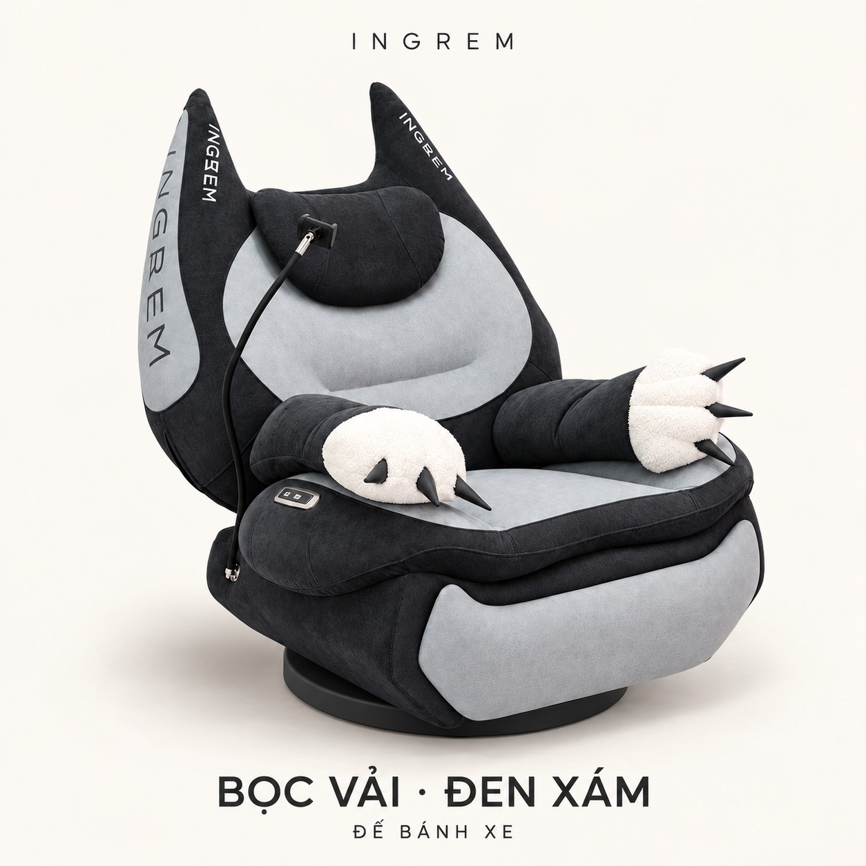 Ghế INGREM Mèo Béo Bọc vải · Đen xám – đế bánh xe