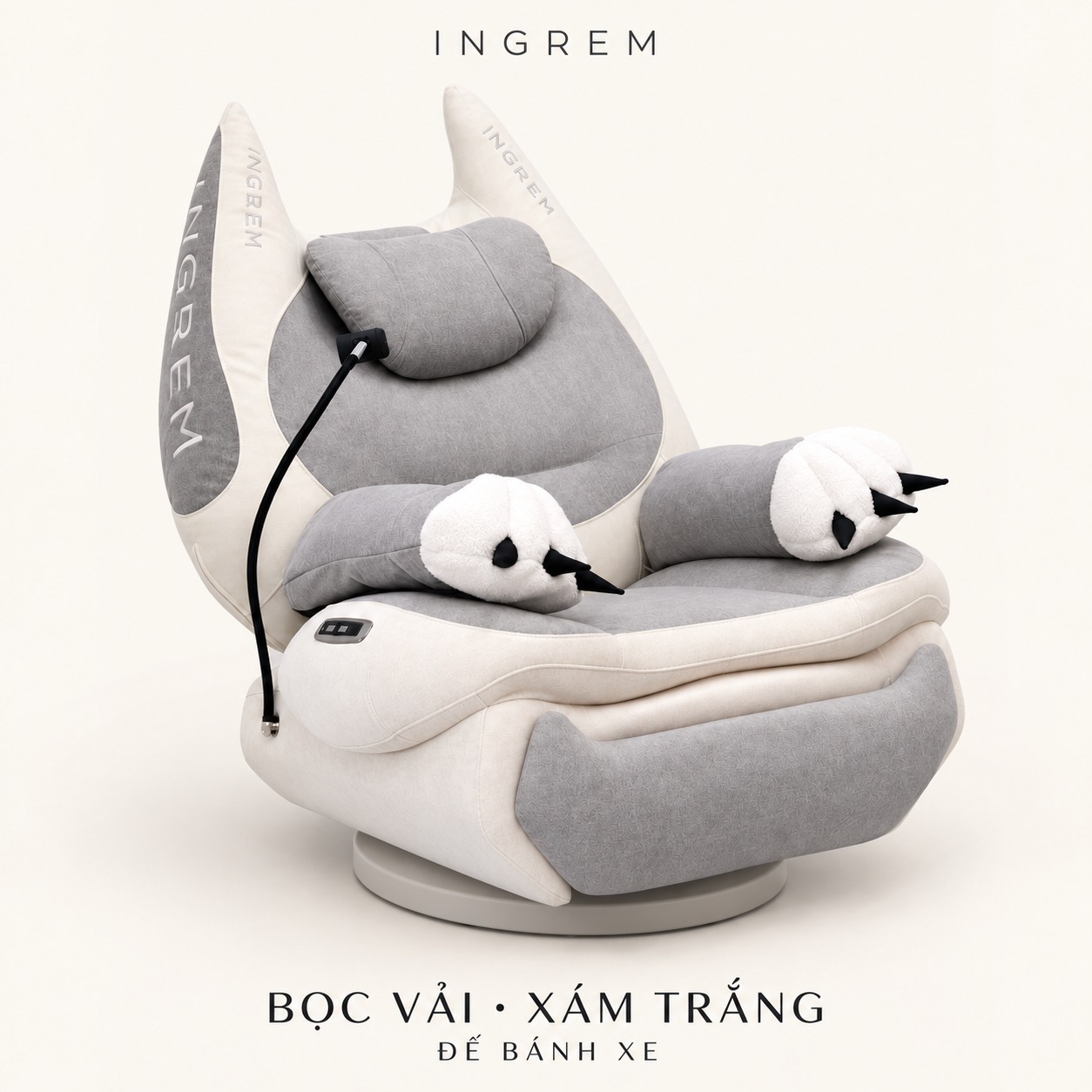 Ghế INGREM Mèo Béo Bọc vải · Xám trắng – đế bánh xe