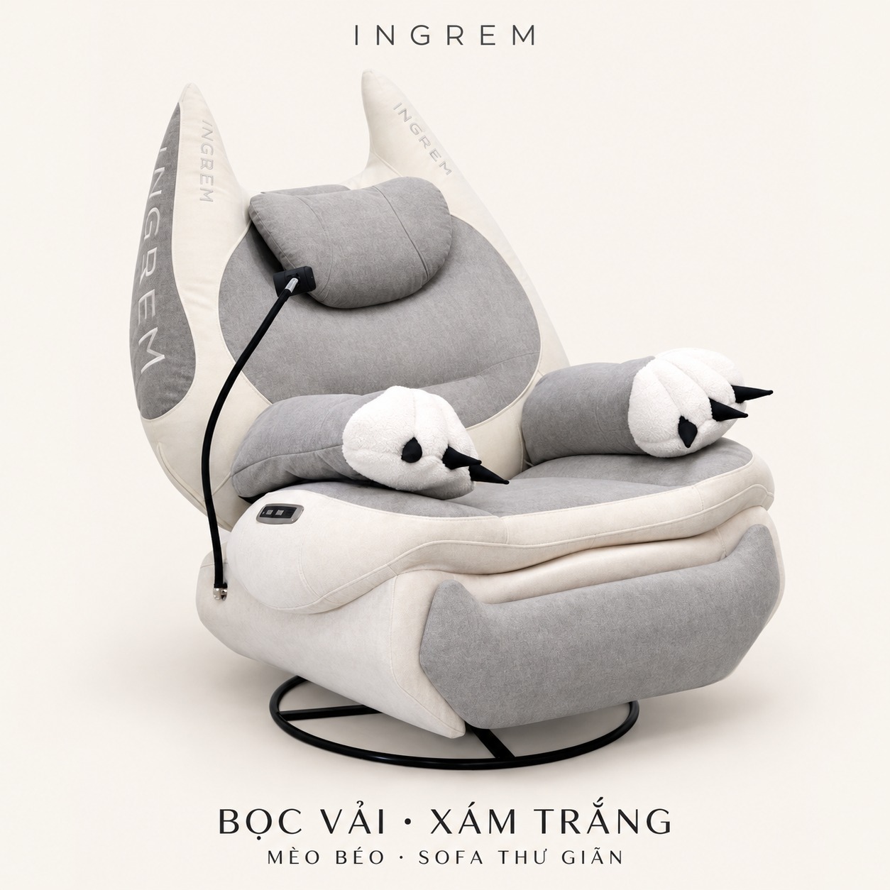 Ghế INGREM Mèo Béo Bọc vải · Xám trắng – đế tiêu chuẩn