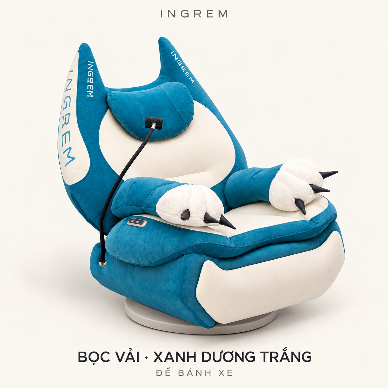Ghế INGREM Mèo Béo Bọc vải · Xanh dương trắng – đế bánh xe