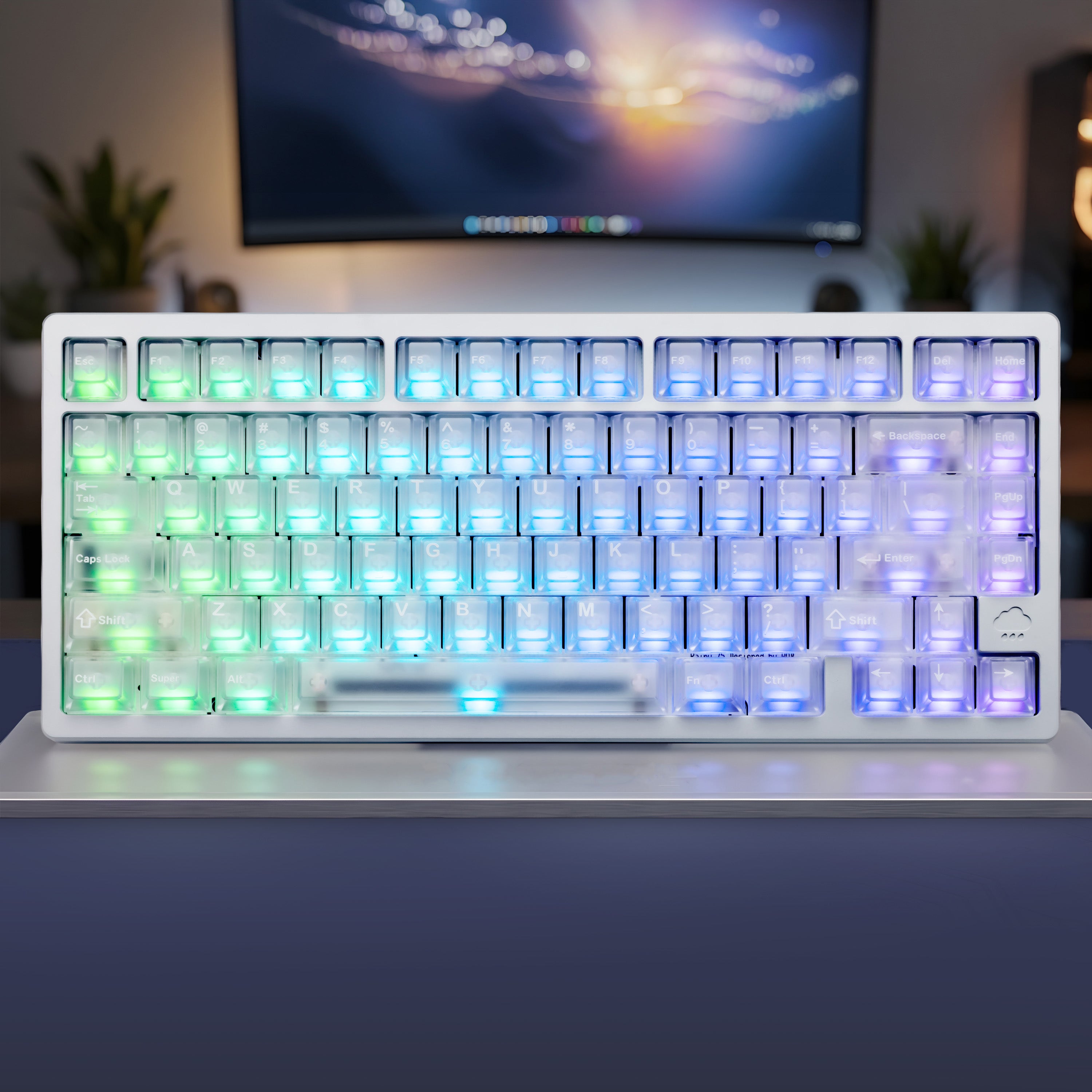 Mặt trước Rainy 75 Pro Mithril Silver với keycap trong mờ và RGB