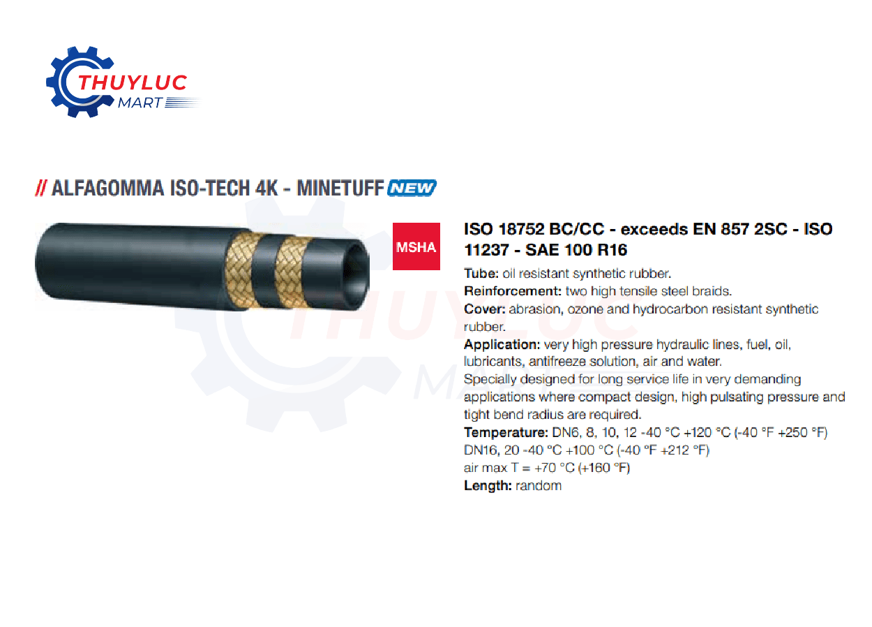 Ống thủy lực Alfagomma ISO-TECH 4K Minetuff, EN ISO 18752 BC/CC, hai lớp bố thép, áp suất cao, vỏ MSHA