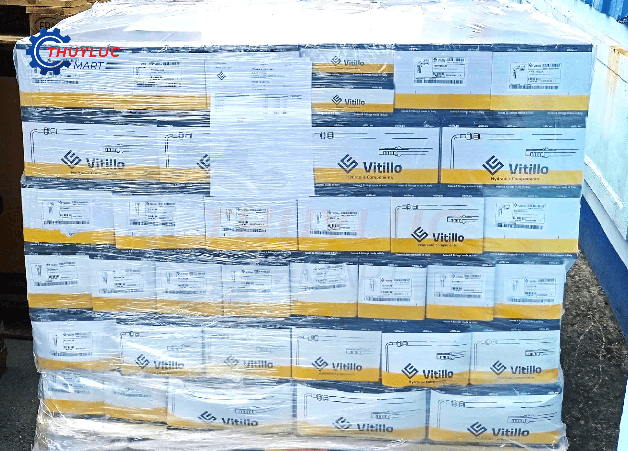 Pallet phụ kiện Vitillo chính hãng – fitting ống thủy lực Vitillo bọc màng co nguyên kiện tại kho Thủy Lực Mart.