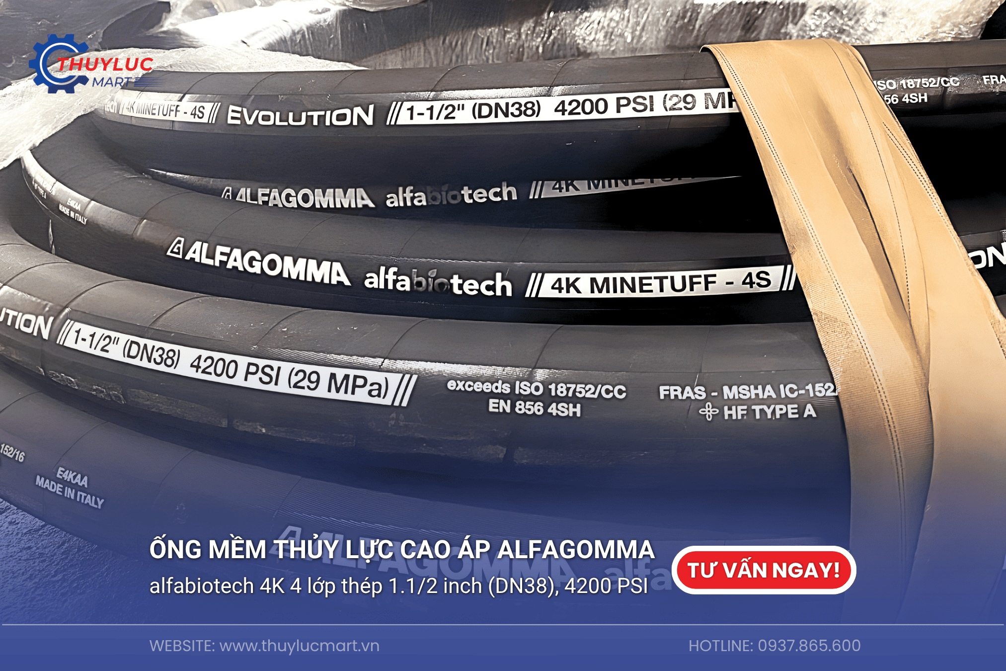 Ống Alfagomma Alfabiotech 4K Evolution 1.1/2" (DN38) - 4 lớp thép xoắn (4S), chịu áp 4200 PSI (29 MPa).