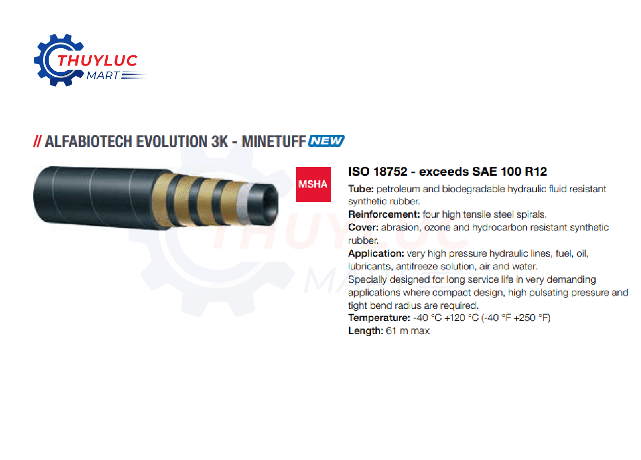 Ống thủy lực Alfagomma Alfabiotech Evolution 3K Minetuff, EN ISO 18752, 4 lớp thép xoắn, vỏ MSHA chống mài mòn