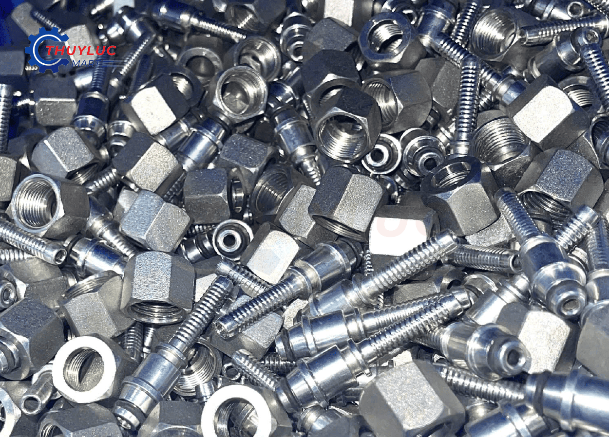 Đầu nối thủy lực ren cái và chuôi gân các kích cỡ, phụ kiện bấm cos chuyên dụng tại Thủy Lực Mart.