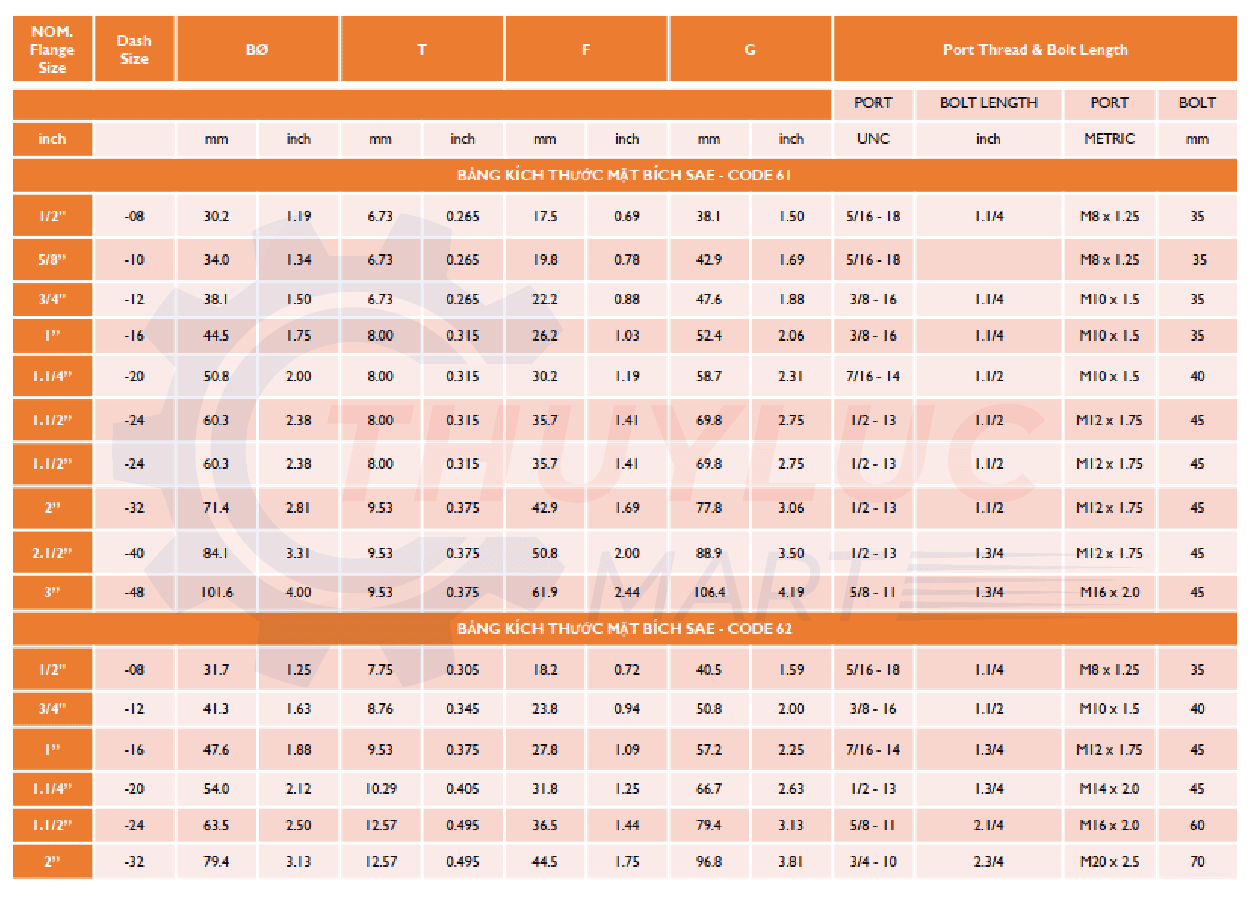 Bảng kích thước Ren SAE O-Ring Flange – Code 61 & Code 62
