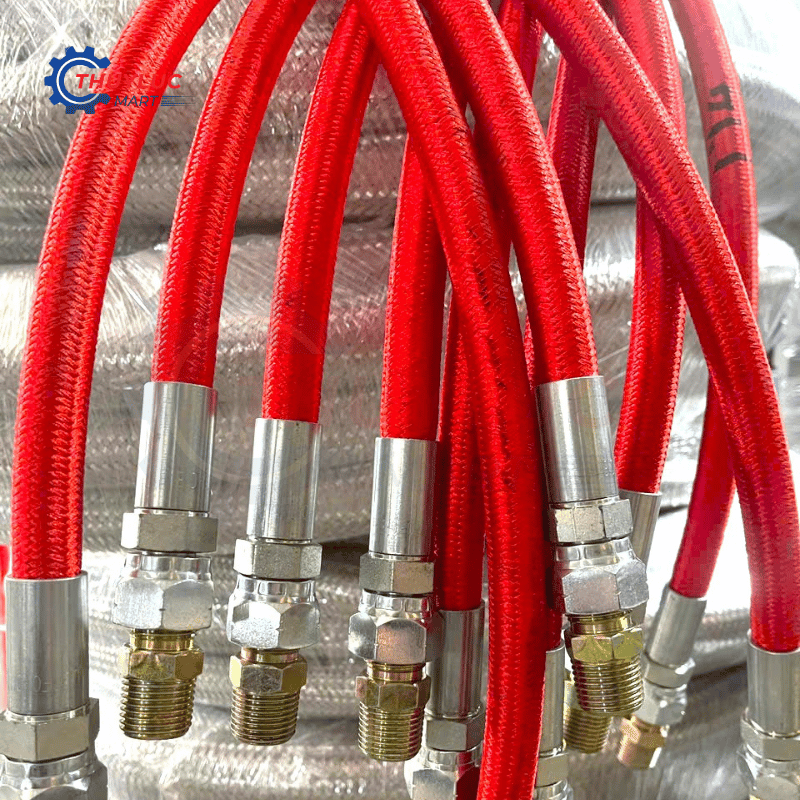 Ống teflon 1/2” bọc lưới inox và bọc vải đỏ, PTFE-08-SS-RE