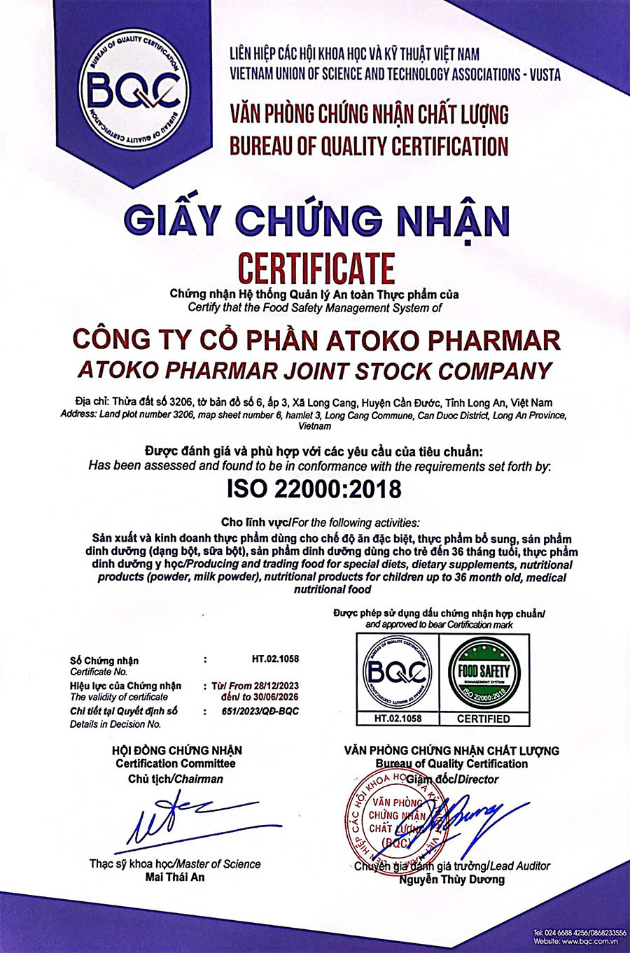 Chứng nhận của ISO 22000:2018