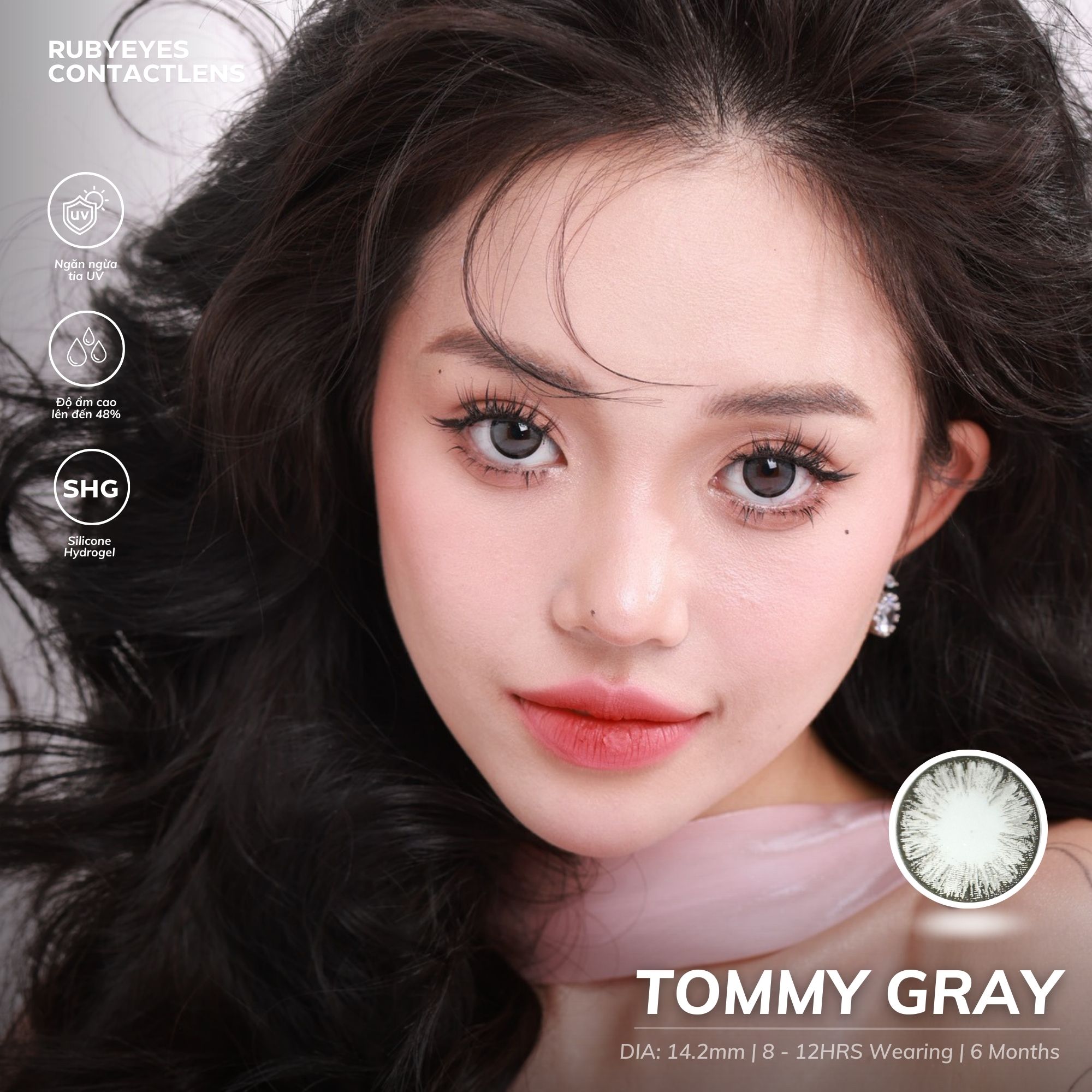 Kính Áp Tròng Ruby Eyes 0 Độ Màu Xám Tommy Gray