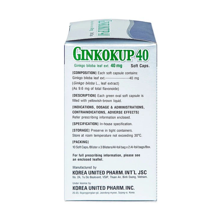 Thuốc Ginkokup 40 Korea United điều trị bệnh sa sút trí tuệ, bệnh Alzheimer, rối loạn mạch máu não (6 vỉ x 10 viên)