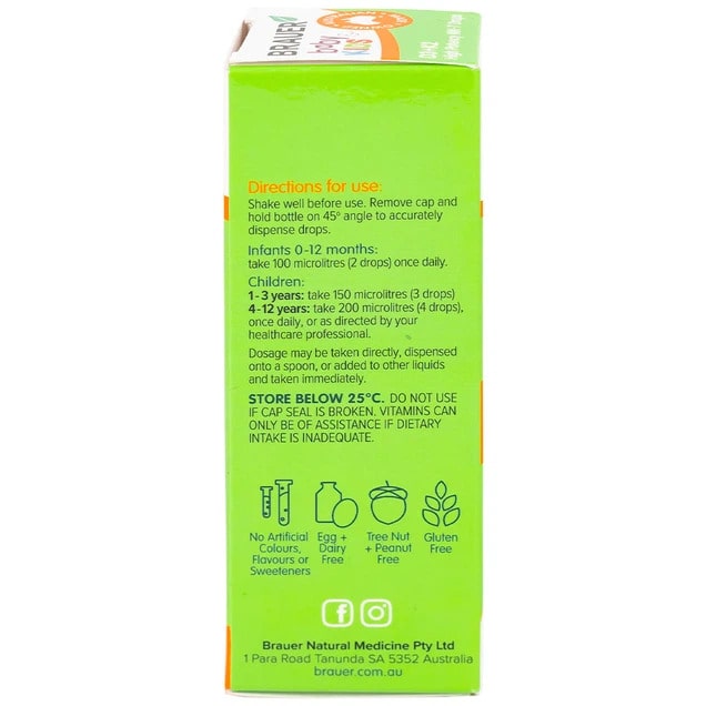 Siro Brauer Baby Kids D3+k2 High Potency MK-7 Drops 10ml bổ sung vitamin D3 và vitamin K2