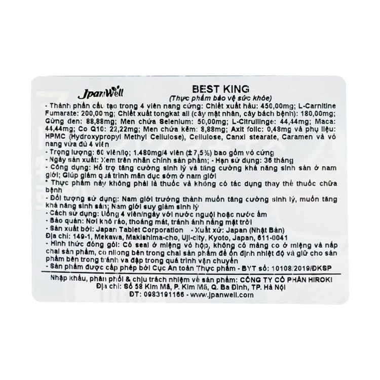 Viên uống Best King Jpanwell hỗ trợ tăng cường sinh lý và khả năng sinh sản ở nam giới (60 viên)