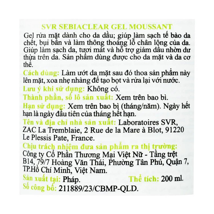 Gel rửa mặt SVR Sebiaclear Gel Moussant 200ml làm sạch không chứa xà phòng và loại bỏ tế bào da chết