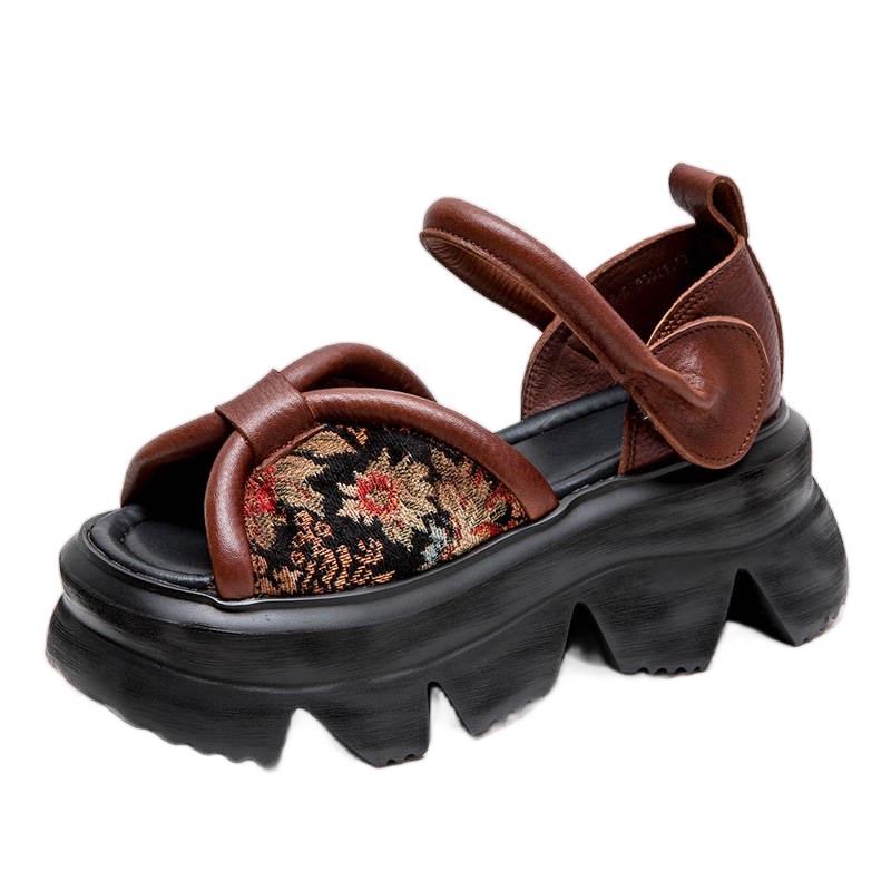 Giày Sandal  Thêu Đế Dày Velcro Miệng Cá Cổ Lớp Đầu Tiên Da Bò giày Nữ Mùa Hè Phong Cách Phong Cách Dân Tộc